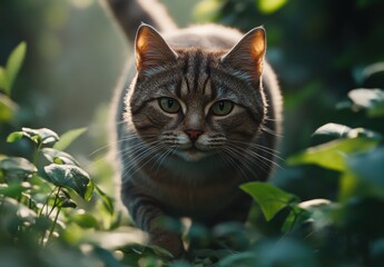 Close-Up Portrait of a Striped Cat with Intense Green Eyes Walking Through Lush Greenery in Soft Natural Light During a Tranquil Morning Adventure