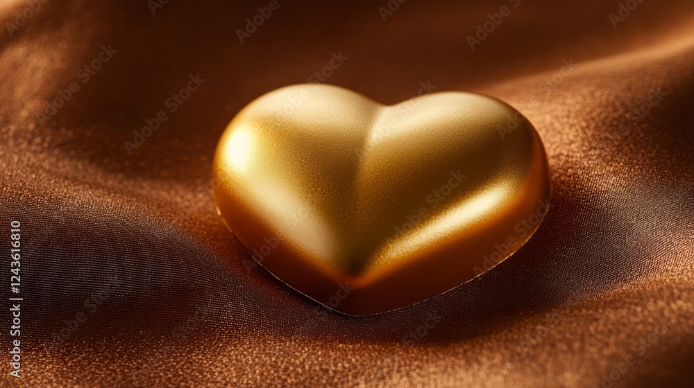 Poster Heart-shaped golden object resting on a rich brown fabric background creating an elegant atmosphere for special occasions