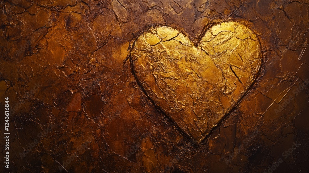 Aufkleber golden heart shape against a textured brown background with rich hues and abstract patterns for arti