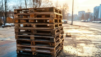 Stacked Wooden Pallets Beside City Street