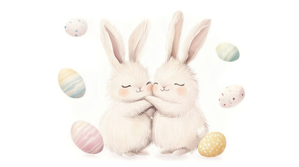Obraz premium White rabbits cuddle together in a soft watercolor Easter scene