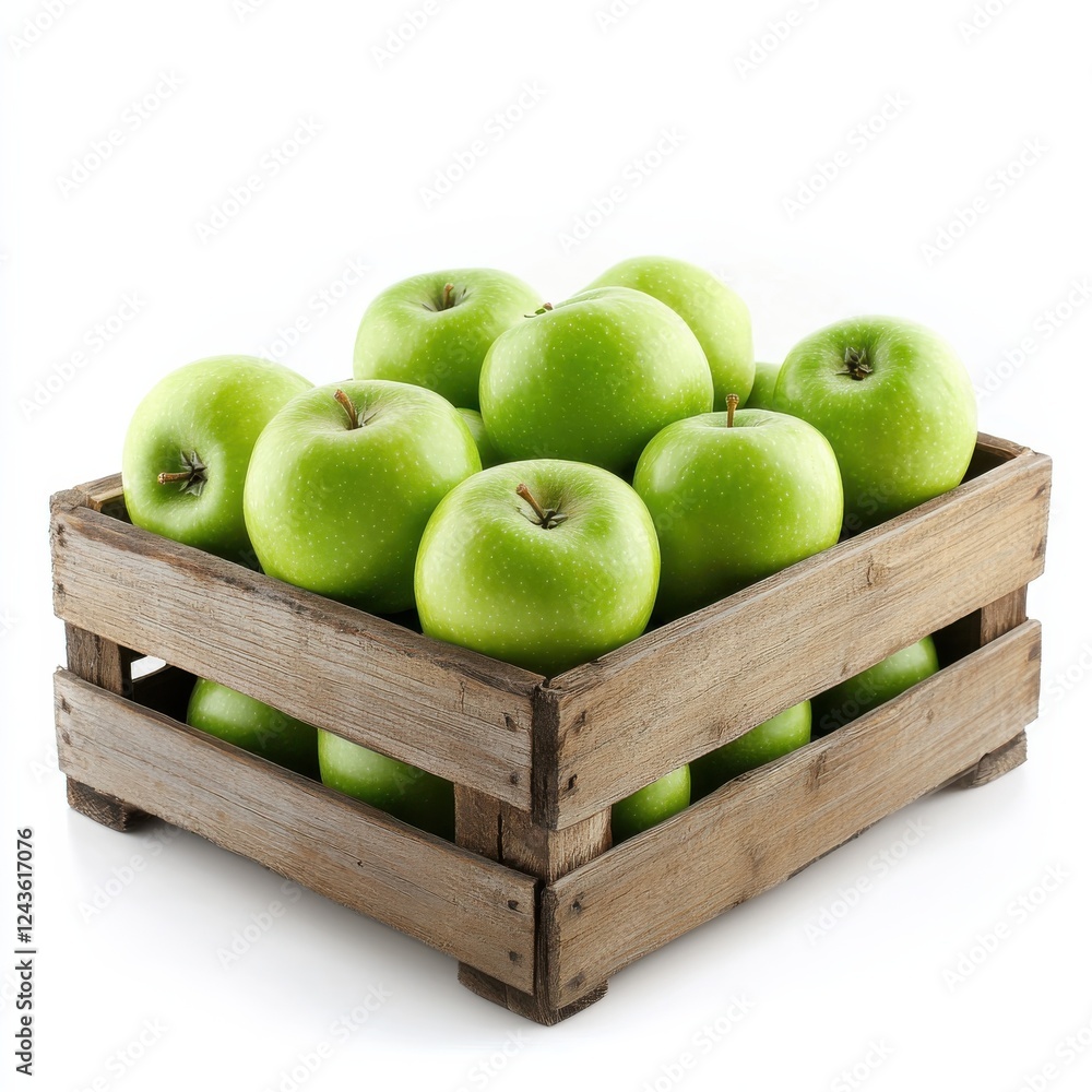 Poster fresh green apples gathered in a polished wooden crate ready for consumption or sale from a local or