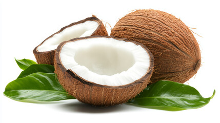 Fresh coconuts with natural textures, split halves revealing white pulp, arranged with tropical green leaves on a white background, ideal for food, tropical themes, or summer designs