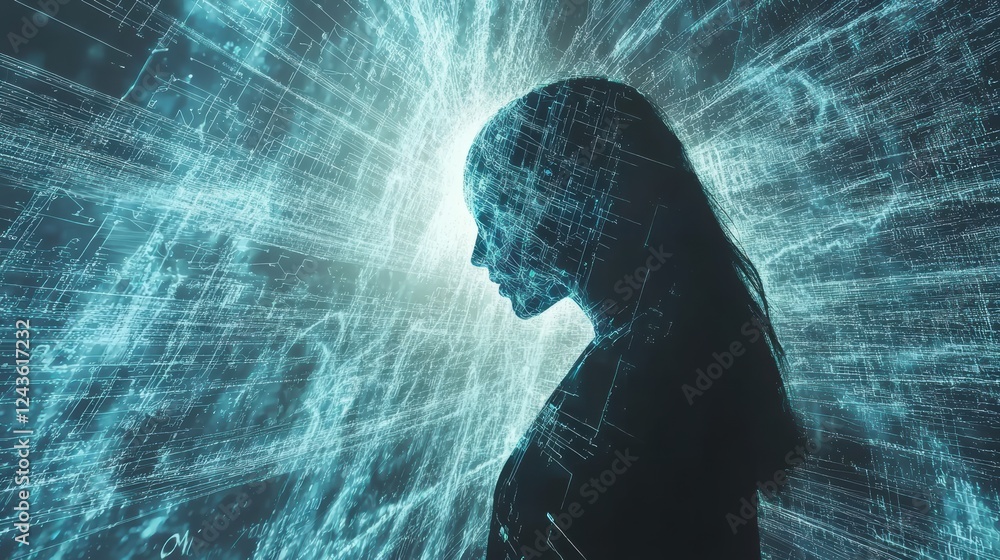 Poster exploring digital consciousness a woman's profile surrounded by data streams in a virtual environmen