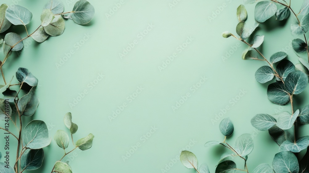Aufkleber pastel mint green background adorned with eucalyptus leaves creating a serene, nature-inspired setti