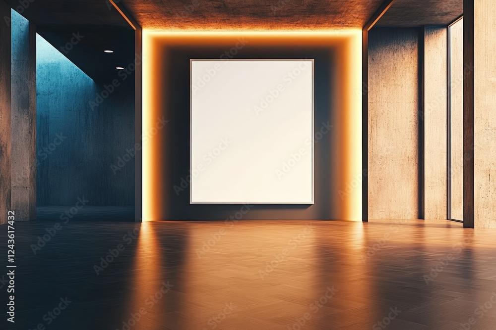 Poster modern empty gallery room with illuminated walls and large blank canvas in a spacious contemporary i
