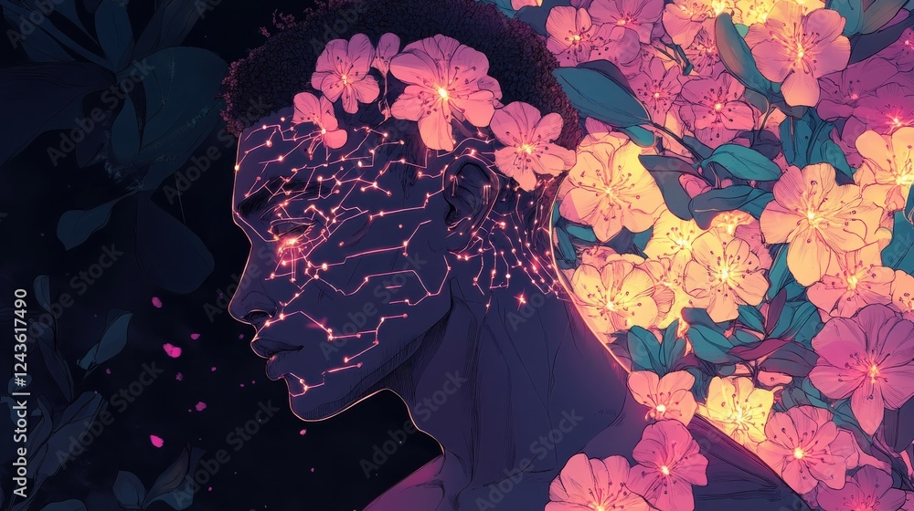 Poster mystical profile of a man illuminated by flowers and cosmic patterns in a serene, dreamlike environm