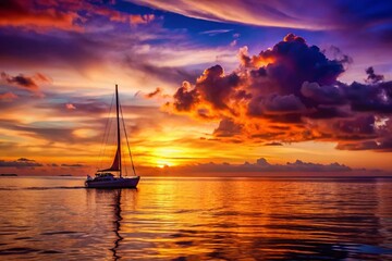 Naklejka premium Serene Sunset Seascape with Sailboat, Golden Hour Ocean View, Calm Water, Dramatic Sky