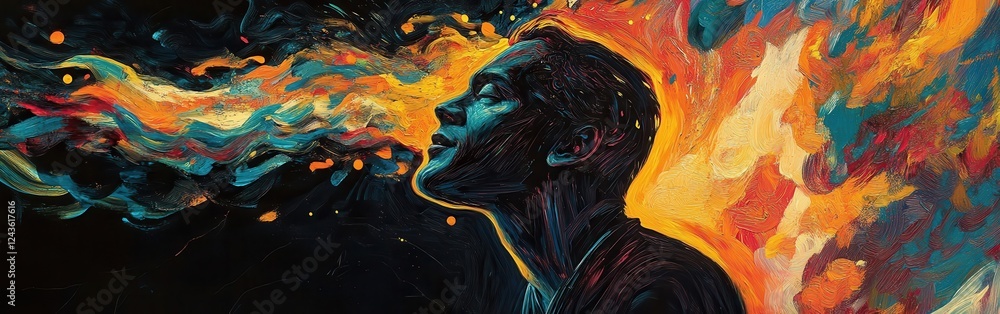 Poster mystical profile of a man surrounded by vibrant colors and flames symbolizing creativity and inspira