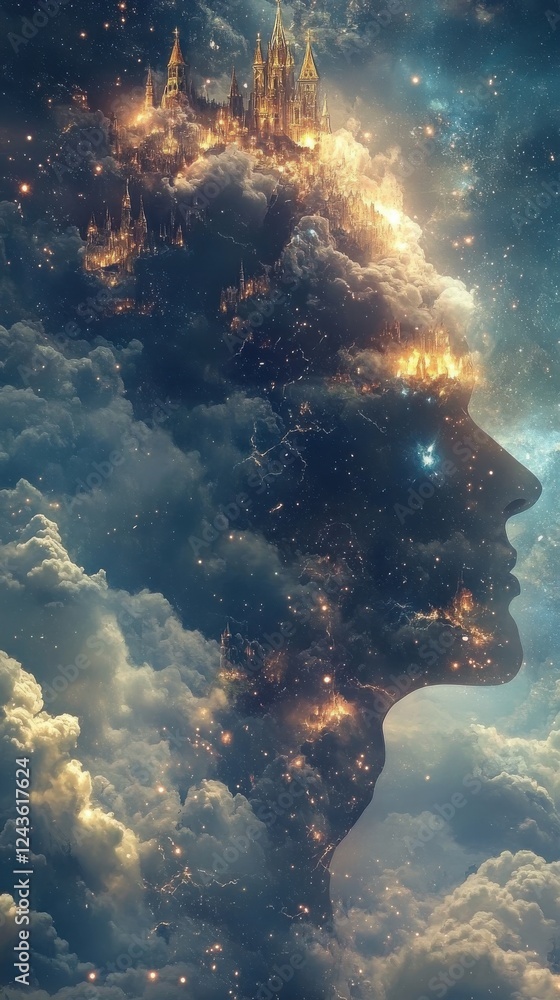 Poster mysterious profile of a man filled with cosmic landscapes and ethereal clouds at twilight