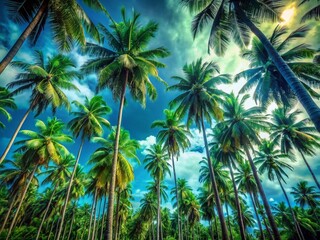 Fototapeta premium Serene Tropical Paradise: Lush Coconut Palm Trees against a Vibrant Blue Sky