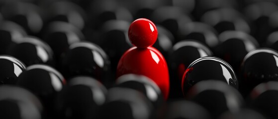 Fototapeta premium Conceptual digital art single red figure among black spheres highlighting insider threats security awareness visual storytelling dramatic lighting sleek modern composition