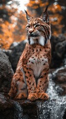 Fototapeta premium HD Phone Wallpaper Majestic Eurasian Lynx Sitting by Autumn Waterfall Wild Cat in Nature