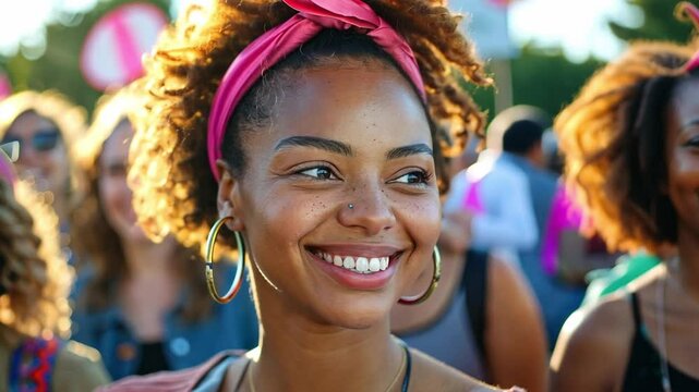 Cheerful women celebrate feminism at a vibrant protest event in a sunlit urban park