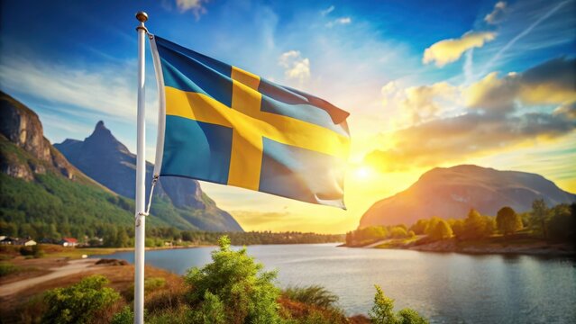 Flag waving in front of a vibrant Scandinavian landscape with pastel colors and geometric patterns, nature backdrop, geometric shapes