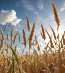 Fototapeta premium Wheat stalks stretching towards the sky with a sense of growth and abundance, field observation, agricultural details, plant life