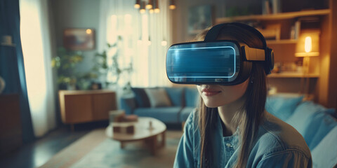 young woman uses a VR headset at home, immersing herself in virtual reality. This scene illustrates the integration of digital technology into everyday life.