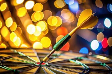 Sharp Yellow Dart Striking Bullseye on Dartboard, Bokeh Background, Competition Concept