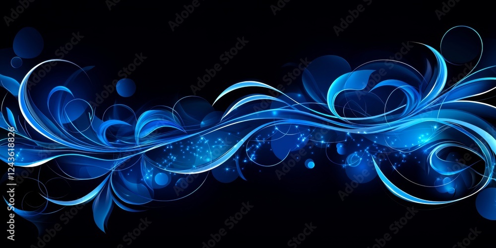 Aufkleber abstract blue design with intertwined lines, nodes, and bokeh circles on a dark background