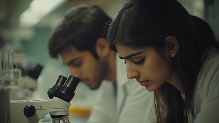 Scientific research in a lab setting young scientists analyzing samples under microscope modern laboratory focused atmosphere