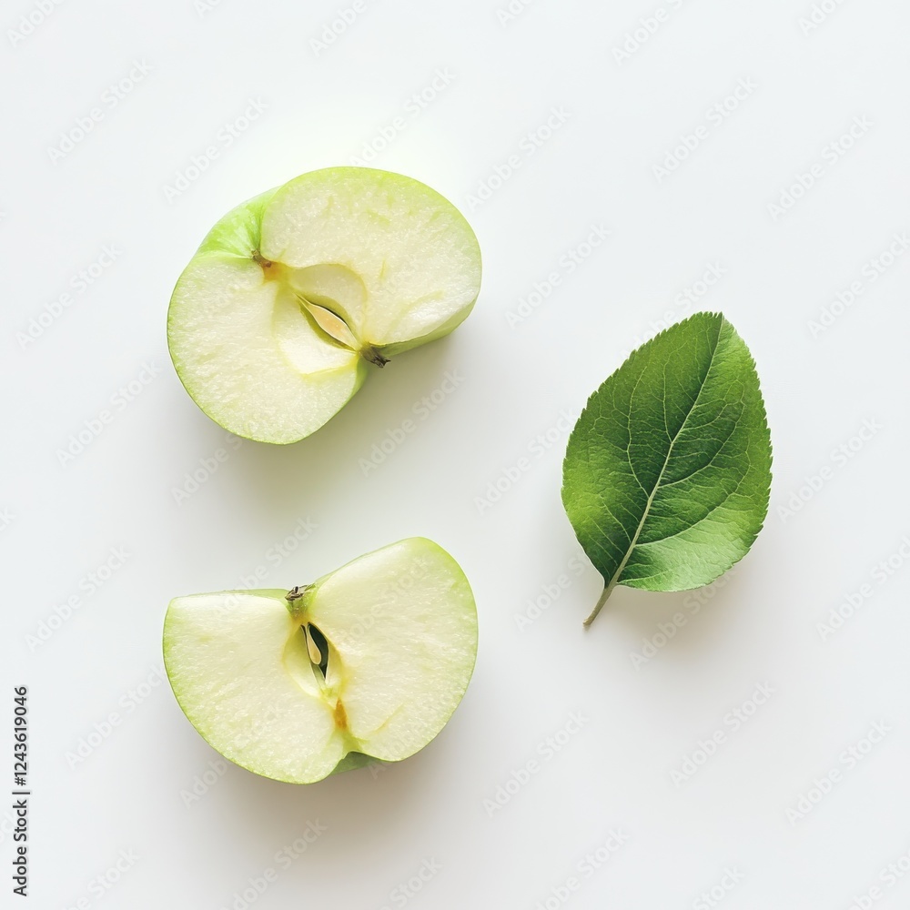 Poster freshly cut green apple quarters and a leaf displayed on a clean surface during a bright daylight se