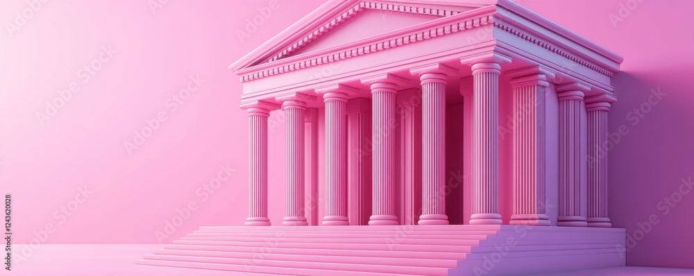 Poster a modern pink-colored building with classical architecture, featuring columns and steps, set against