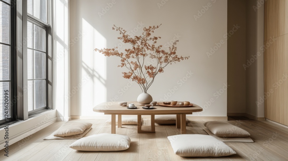 Poster Dining area with low table and floor cushions offers a serene atmosphere for relaxation and conversation in a minimalistic design