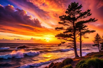 Obraz premium Silhouetted Pine Trees at Sunset Over the Ocean - Dramatic Coastal Landscape