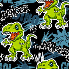 Vector seamles pattern of cartoon dinosaur and graffiti words on white background. Hand draw style wallpaper design © artlavi_design