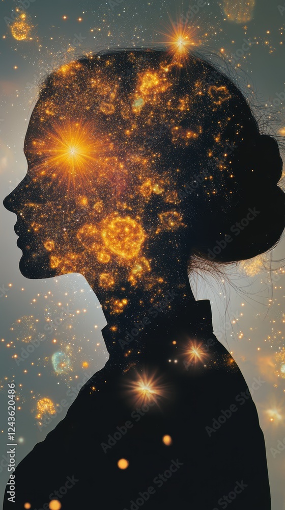 Aufkleber conceptual representation of a woman's profile with cosmic elements symbolizing thoughts and imagina
