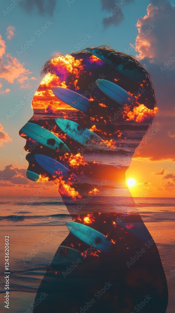 Poster Conceptual representation of a glowing man with ocean and surfing elements at sunset