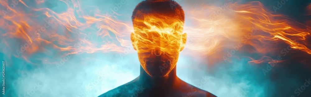 Poster man radiating vibrant energy with glowing flames in a mystical setting at dusk