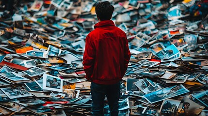 Naklejka premium Reflecting on memories a young man amidst a sea of old photographs urban setting emotional scene introspective viewpoint