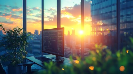 Sunset over urban workspace city skyline digital technology office environment inspirational concept