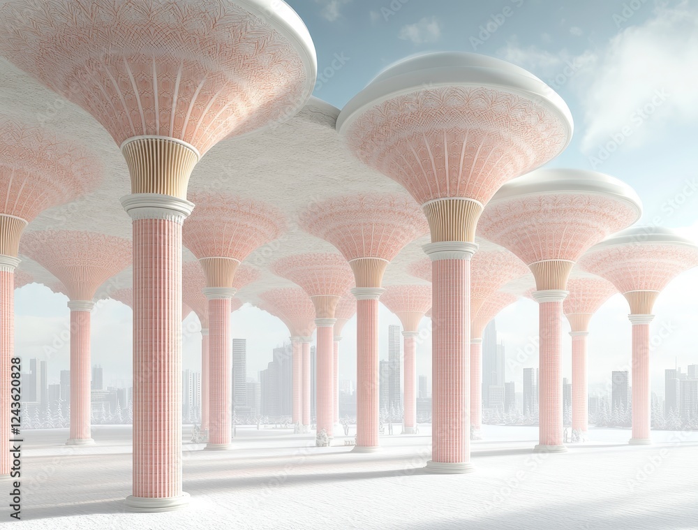 Poster futuristic cityscape with pink and white structures resembling stylized trees, creating a unique arc