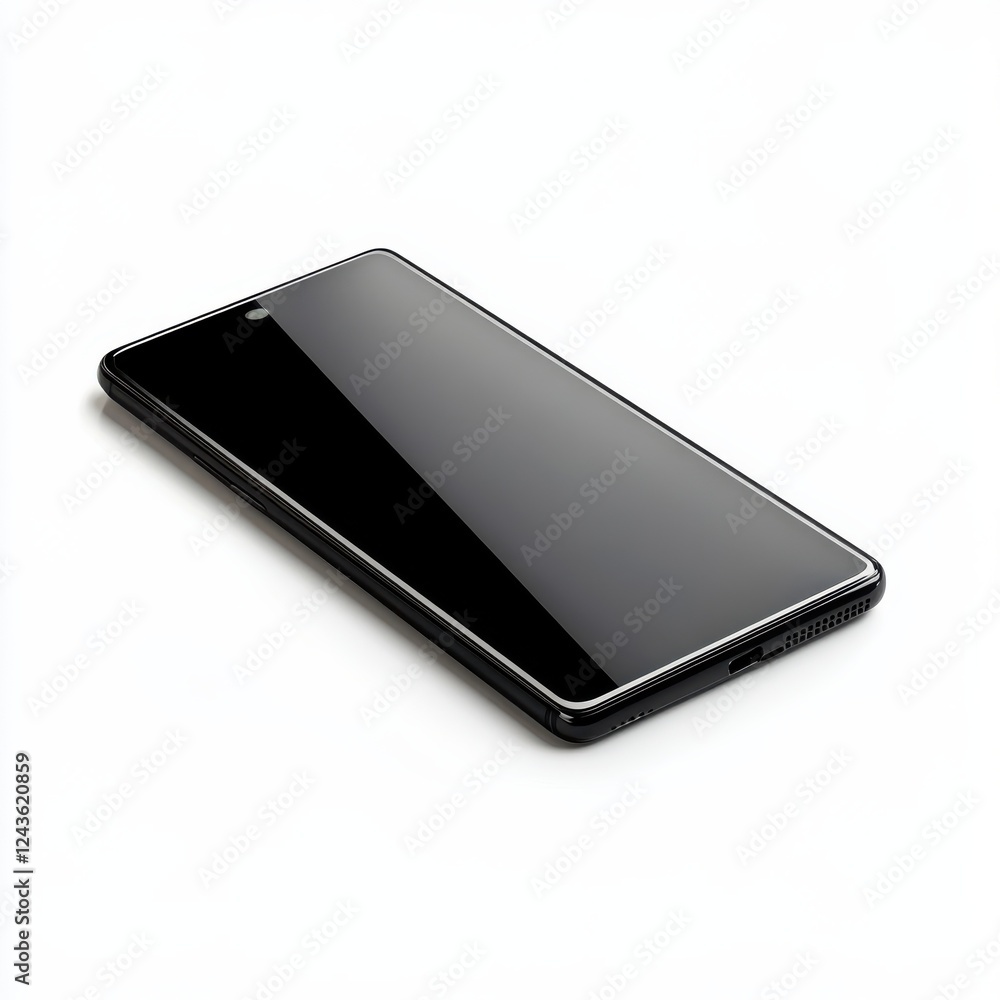 Poster compact black smartphone with a reflective surface placed on a light background showcasing its sleek