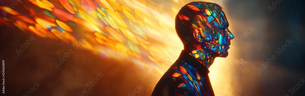 Poster conceptual profile of a man illuminated with colorful light patterns against a blurred background sh