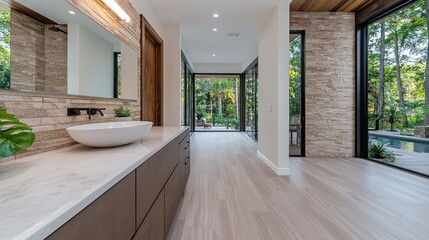 Modern bathroom hallway, pool view, natural light, luxury home interior design
