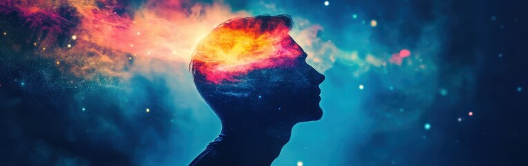 Glow emanates from man's mind in a cosmic landscape portraying imagination and creativity in a serene atmosphere