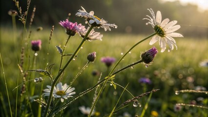 delicate daisies and wildflowers glistening in the morning dew