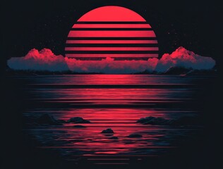 Pixel art sunset over water with glitch effect, red and dark tones, stylized clouds and rocks. Retro digital landscape
