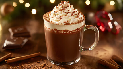A mug of hot chocolate with whipped cream and a sprinkle of cinnamon on top.