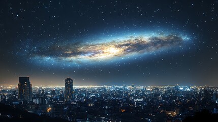 A holographic representation of the Milky Way galaxy appearing above a city's skyline 