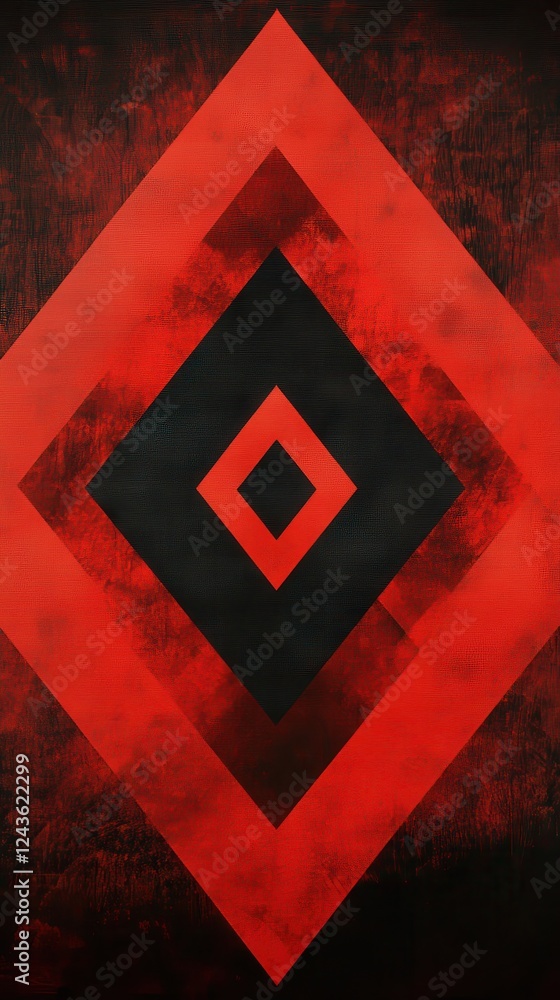 Poster dramatic geometric design featuring bold red and black diamonds arranged in a striking pattern on a 