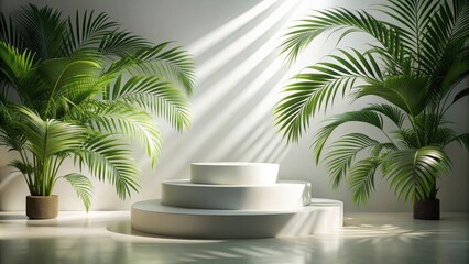 Obraz premium Serene Minimalist Display with Lush Tropical Plants and White Platform