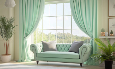 Soft Mint Green Curtain Drifts Gently, Adding a Fresh and Calming Atmosphere to Any Room