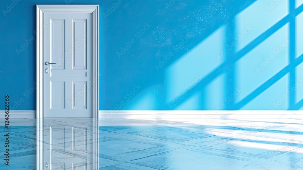Poster large empty space with open door creating depth and perspective in bright blue room with reflections