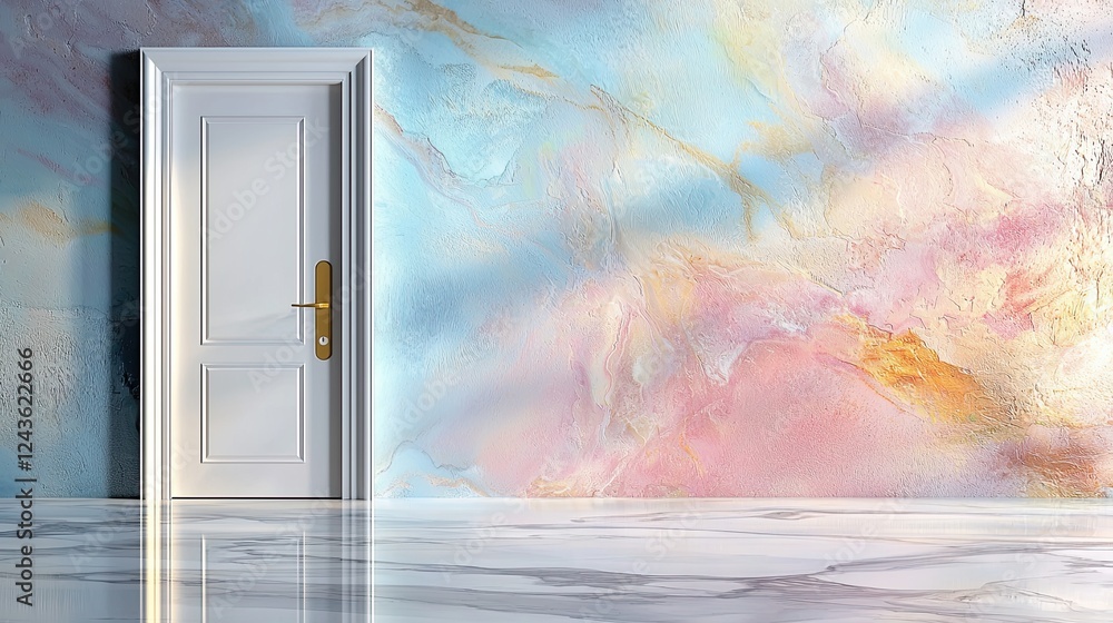 Poster a single open door in a large empty space with abstract wall art and polished floor, creating an inv