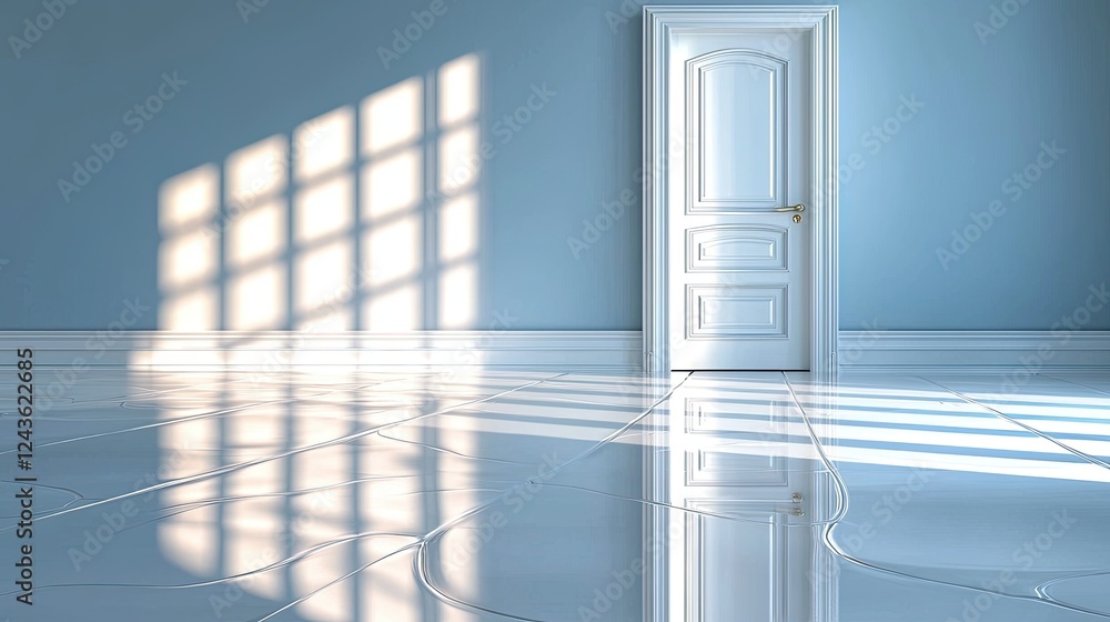 Aufkleber large open door leading into empty space with soft natural light casting shadows on a modern floor
