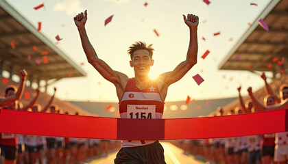 celebrating male runner crossing the finish line with joy at sunset